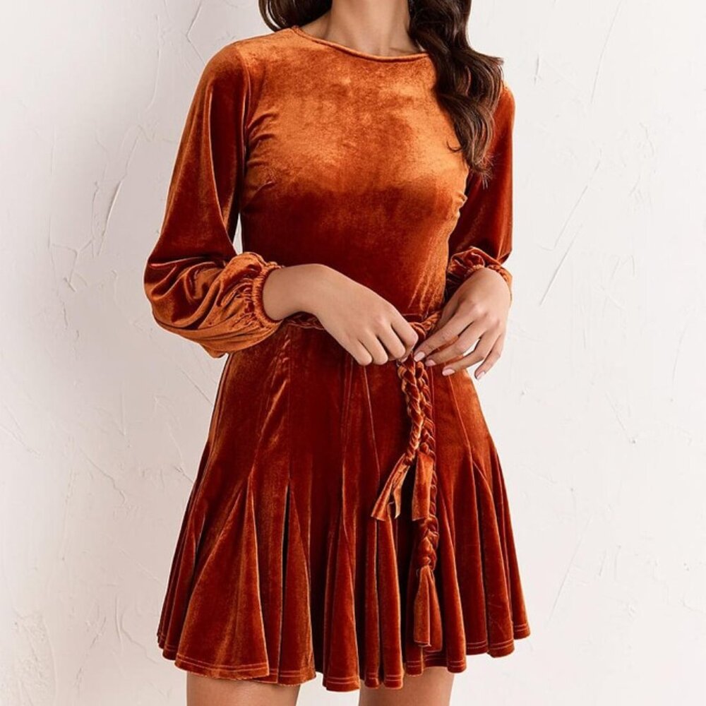 Long-Sleeve Velvet Braided Belt Mini Dress - Lena